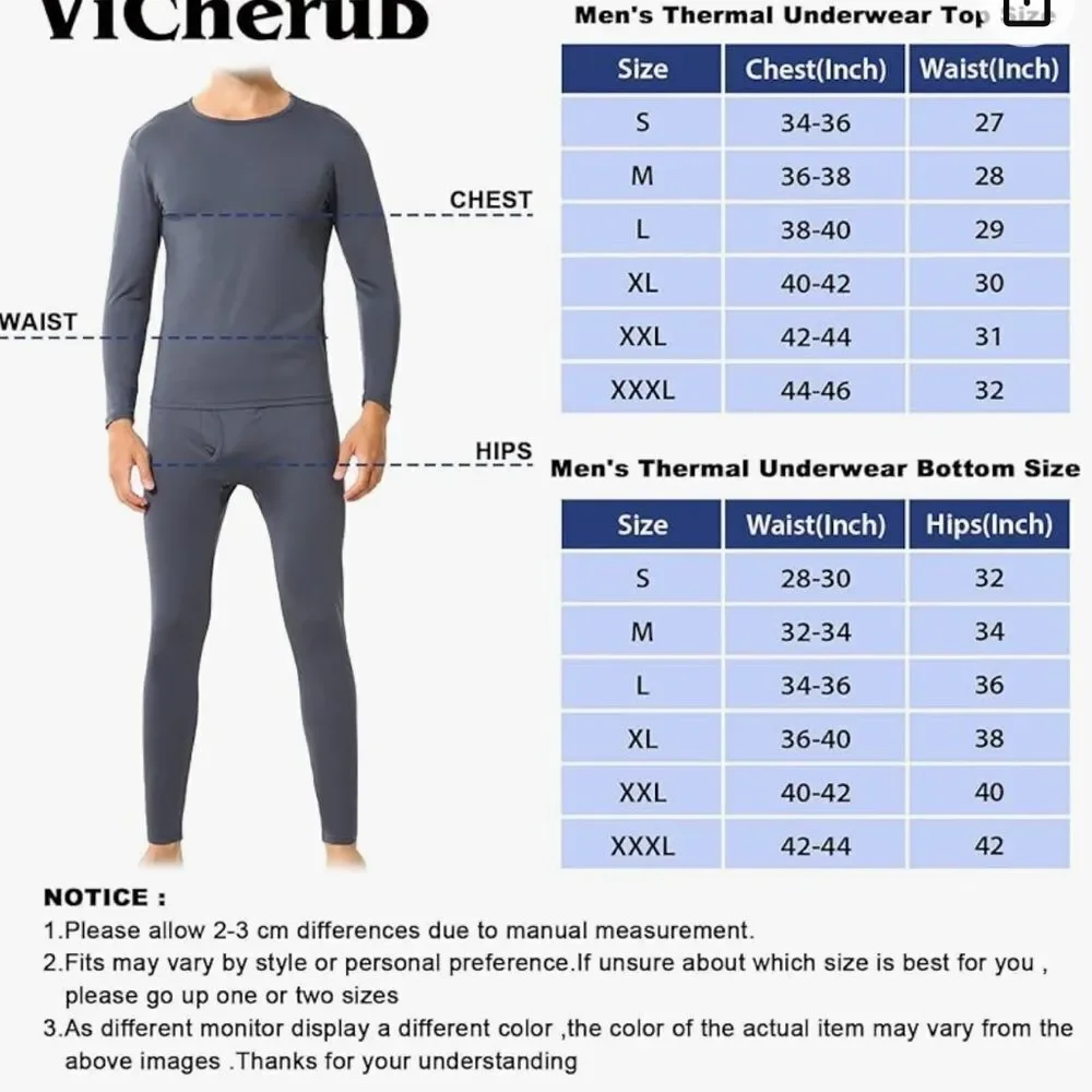 ViCherub Men Thermal Underwear Fleece Lined Thermals Top & Bottom 2Pk New W/ Tag